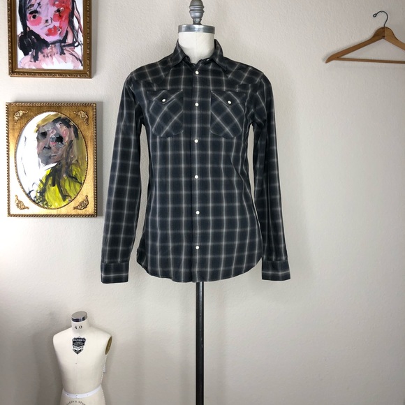 AllSaints Men's Gray Frontier Shirt Plaid Snap Dow - Picture 6 of 8